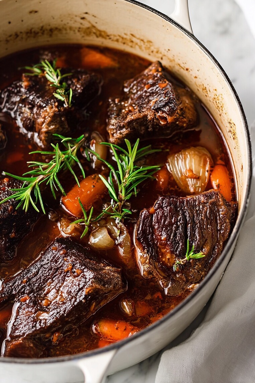 In a large white pot, several thick pieces of dark brown textured meat with a slightly crispy surface float in a rich, deep brown broth. The broth contains soft orange carrot chunks and translucent onion pieces. Sprigs of fresh green rosemary rest on top of the meat, adding a touch of color contrast. The inside of the pot is cream-colored with some dark specks, and the pot sits on a soft white cloth, all against a white marbled surface background. photo taken with an iphone --ar 2:3 --v 7