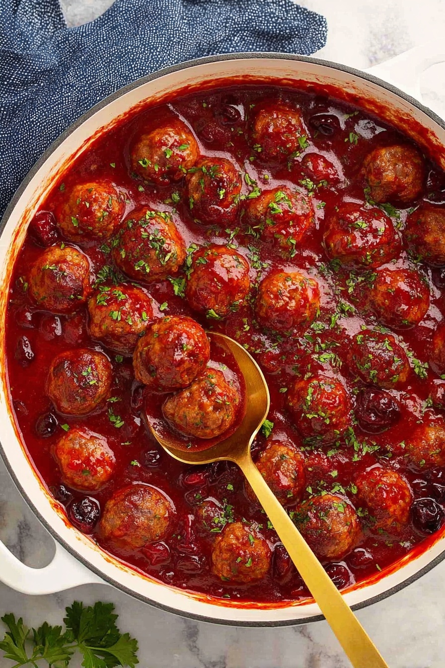 A white round pot is filled with many round meatballs covered in thick dark red sauce with visible bits of cherries and herbs. The sauce looks glossy and rich, with small green chopped parsley sprinkled evenly across the top. A gold spoon is scooping some meatballs from the right side of the pot. The pot is placed on a white marbled surface with a blue cloth near the left side. Photo taken with an iphone --ar 2:3 --v 7