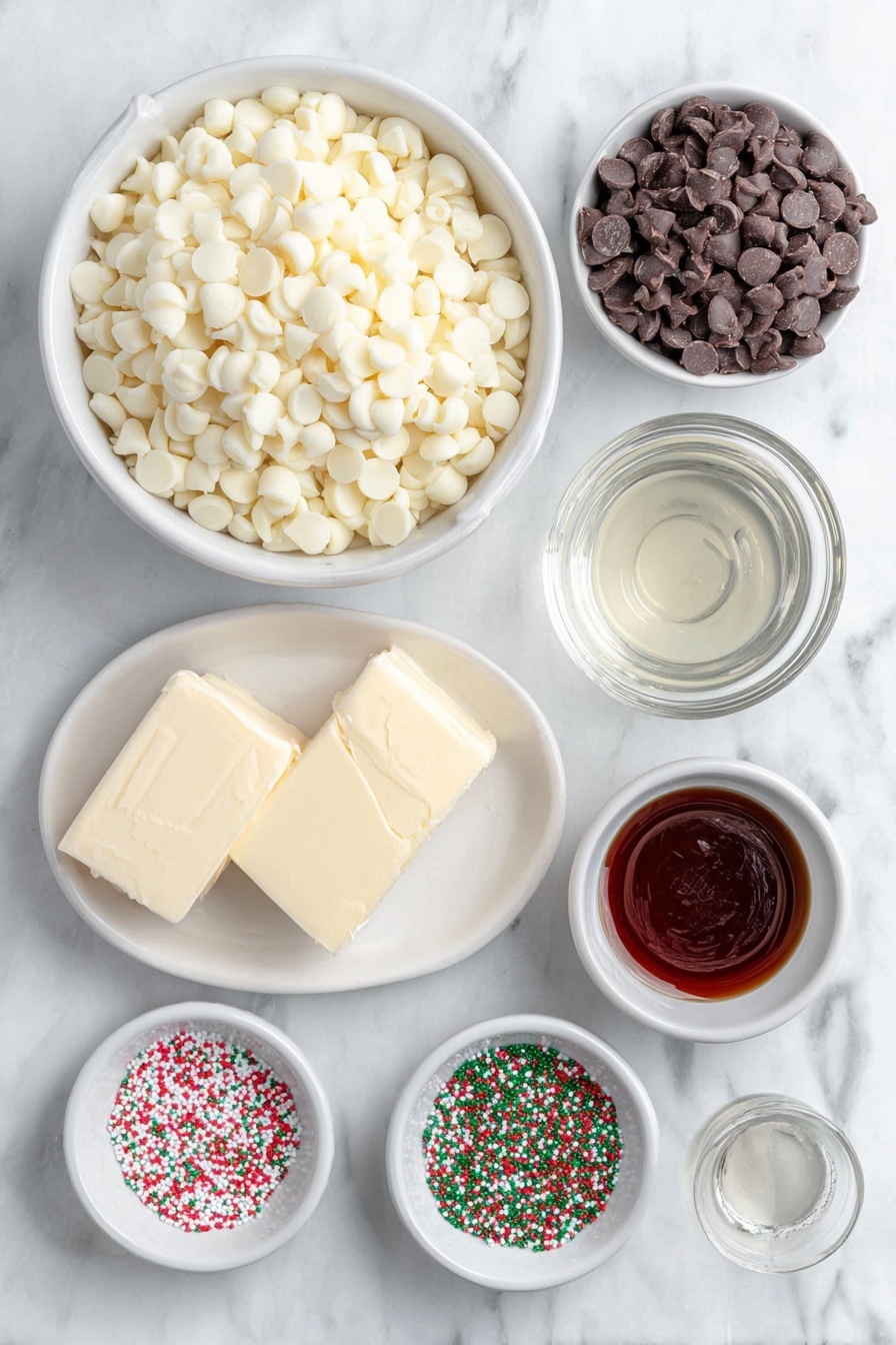 Flat lay of white chocolate chips scattered naturally, a small white ceramic bowl filled with thick sweetened condensed milk, a few slices of fresh butter on a small white ceramic dish, a small white ceramic bowl containing clear peppermint extract liquid, two small white ceramic bowls each holding vibrant red and green food coloring liquids, and a small white ceramic bowl with colorful holiday sprinkles, all arranged symmetrically and balanced, placed on a clean white marble surface, soft natural light, photo taken with an iPhone, professional food photography style, fresh ingredients, white ceramic bowls, no bottles, no duplicates, no utensils, no packaging --ar 2:3 --v 7 --p m7354615311229779997