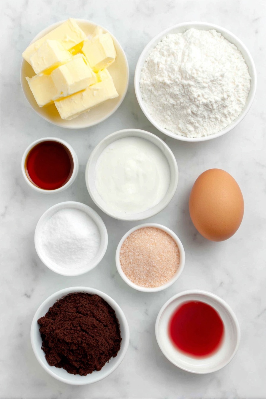 Flat lay of a small white ceramic bowl of unsalted butter, a small white ceramic bowl of light brown sugar, a small white ceramic bowl of granulated sugar, a single large whole egg with a clean shell, a small white ceramic bowl of vanilla extract liquid, a small white ceramic bowl with a dollop of red gel food coloring, a small white ceramic bowl of all-purpose flour, a small white ceramic bowl of sifted dark cocoa powder, a small white ceramic bowl with a mixture of baking soda, baking powder, and salt, a small white ceramic bowl of red sanding sugar, all arranged with perfect symmetry and realistic proportions, placed on a clean white marble surface, soft natural light, photo taken with an iPhone, professional food photography style, fresh ingredients, white ceramic bowls, no bottles, no duplicates, no utensils, no packaging --ar 2:3 --v 7 --p m7354615311229779997
