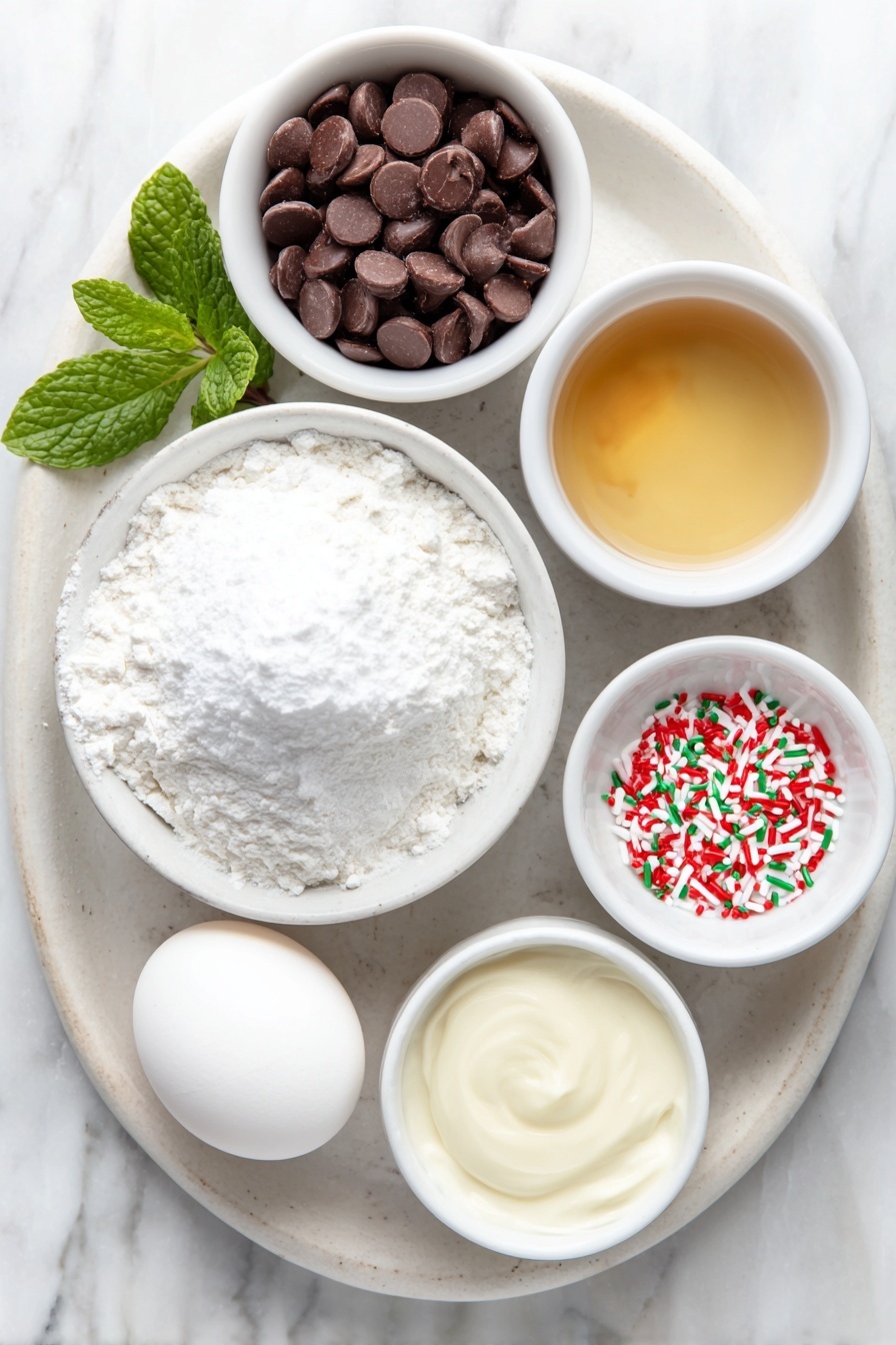 Flat lay of a small mound of powdered sugar on a white ceramic plate, a small white bowl filled with glossy semi-sweet chocolate chips, a small white bowl holding smooth sweetened condensed milk, a tiny white bowl containing clear coconut oil, a small white bowl with bright green, red, and white Christmas sprinkles, and a clean, whole white egg resting beside a few fresh peppermint leaves, all arranged symmetrically and balanced, placed on a clean white marble surface, soft natural light, photo taken with an iPhone, professional food photography style, fresh ingredients, white ceramic bowls, no bottles, no duplicates, no utensils, no packaging --ar 2:3 --v 7 --p m7354615311229779997