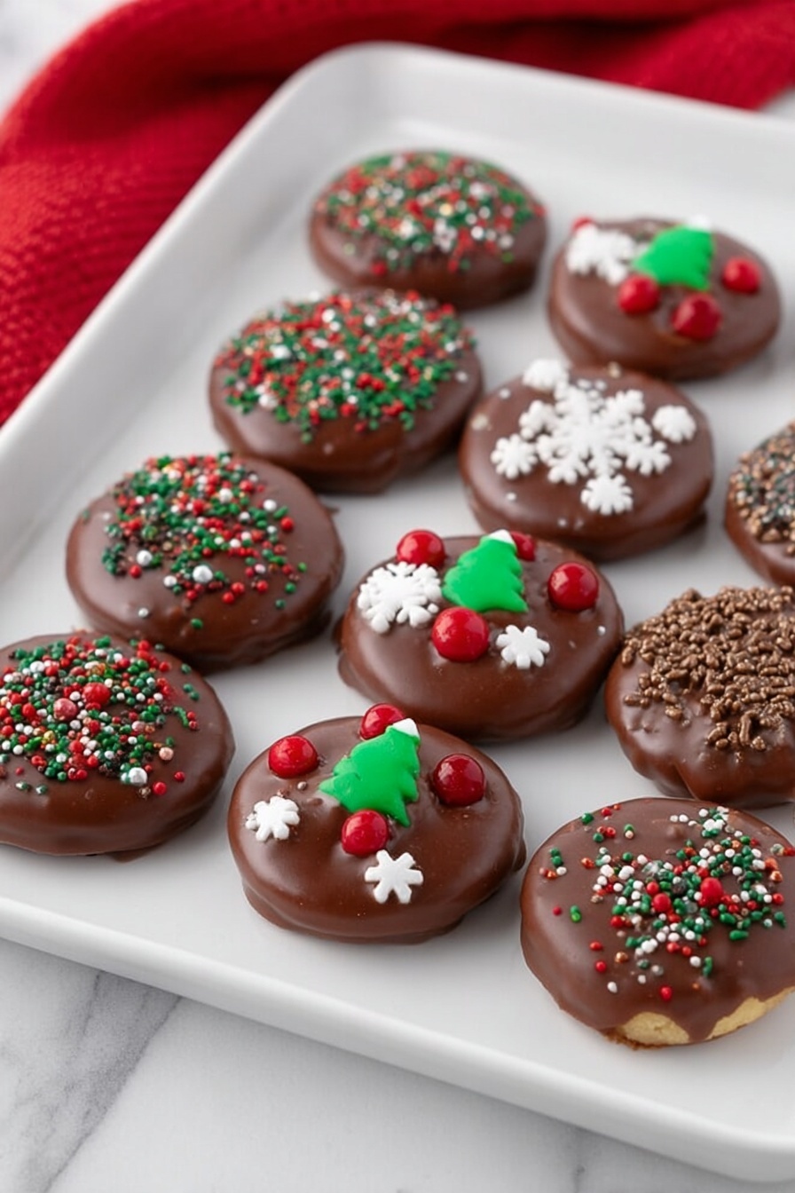 A white tray holds round cookies covered in smooth milk chocolate, arranged in two rows. Each cookie is decorated with colorful sprinkles: some with small red, green, and white balls; others with white snowflake shapes, tiny red balls, and green Christmas tree candy in the center. The cookies have shiny, glossy chocolate surfaces with various textured sprinkles resting on top. The tray is placed on a white marbled surface, and a red cloth is visible on the side. photo taken with an iphone --ar 2:3 --v 7