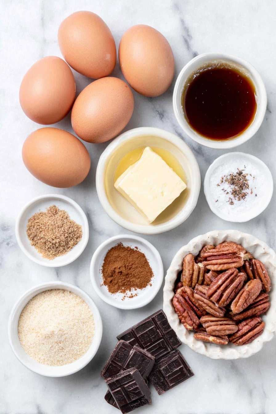 Flat lay of three whole brown eggs with clean shells, a small white ceramic bowl of dark amber corn syrup, a small white ceramic bowl of packed dark brown sugar, a small white ceramic bowl with melted golden butter, a few fresh vanilla beans next to a small white ceramic bowl of vanilla extract, a small white ceramic bowl containing fine sea salt, a small white ceramic bowl with ground cinnamon powder, a small white ceramic bowl with ground cloves powder, a small white ceramic bowl with ground nutmeg powder, roughly chopped raw pecan halves scattered beside whole raw pecan halves arranged neatly in a small pile, two types of chocolate chunks – dark bittersweet and semi-sweet – roughly chopped with clean edges, all arranged symmetrically on a simple white ceramic pie plate holding an unbaked plain pie crust, placed on a clean white marble surface, soft natural light, photo taken with an iPhone, professional food photography style, fresh ingredients, white ceramic bowls, no bottles, no duplicates, no utensils, no packaging --ar 2:3 --v 7 --p m7354615311229779997