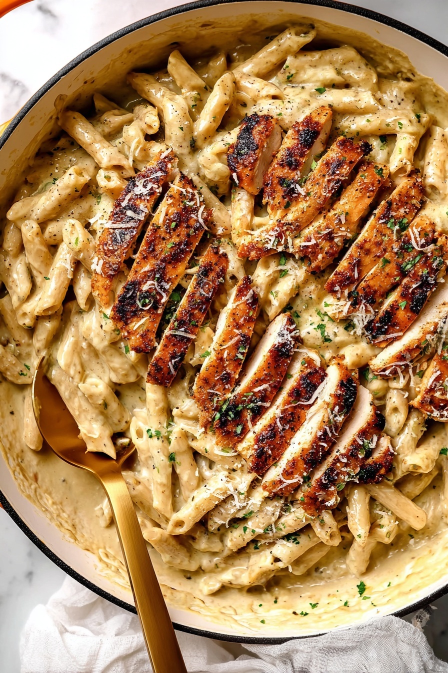 A large white round pan filled with creamy penne pasta coated in a smooth light beige sauce mixed with visible black pepper and herbs. On top, two neat rows of grilled golden brown chicken strips with a slightly charred texture each sprinkled with finely grated white cheese and small green parsley pieces. A golden spoon is partially submerged in the pasta on the lower left side. The background shows a white marbled surface with a part of a white cloth visible at the bottom. Photo taken with an iphone --ar 2:3 --v 7