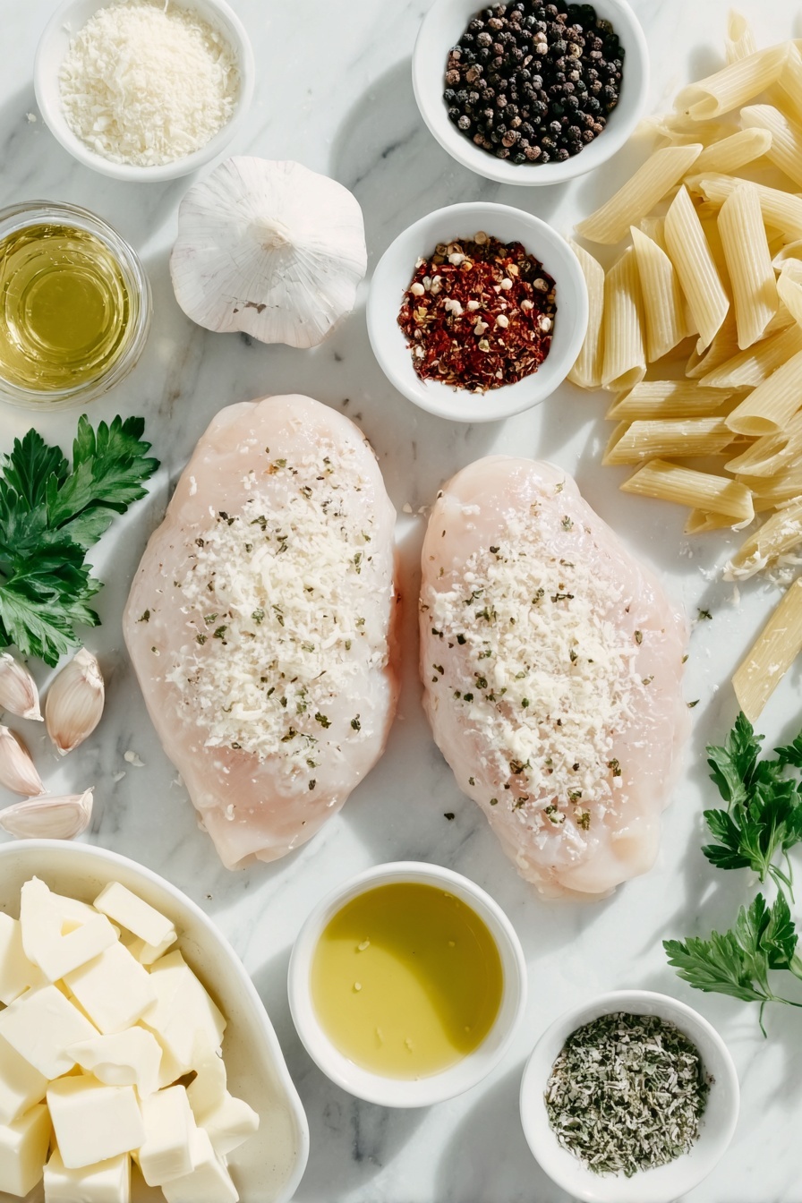 Flat lay of two medium raw chicken breasts with smooth skin, small heaps of salt, black pepper, onion powder, garlic powder, and paprika sprinkled nearby, a small white ceramic bowl of golden olive oil, a mound of uncooked penne pasta, a small white bowl containing two tablespoons of olive oil, a small white bowl with two tablespoons of unsalted butter cubes, a small pile of finely chopped shallot, several fresh garlic cloves peeled and whole, a tiny heap of red pepper flakes, a neat mound of all-purpose flour, a small white bowl filled with low-sodium chicken broth, a small white bowl holding creamy half-and-half, a small heap of crushed chicken bouillon powder, small piles of dried parsley, dried basil, and dried oregano, a small pile of salt, a small heap of black pepper, a generous pile of freshly grated Parmesan cheese, a few sprigs of fresh parsley, and a halved lemon with some juice droplets visible placed on a clean white marble surface, soft natural light, photo taken with an iPhone, professional food photography style, fresh ingredients, white ceramic bowls, no bottles, no duplicates, no utensils, no packaging --ar 2:3 --v 7 --p m7354615311229779997