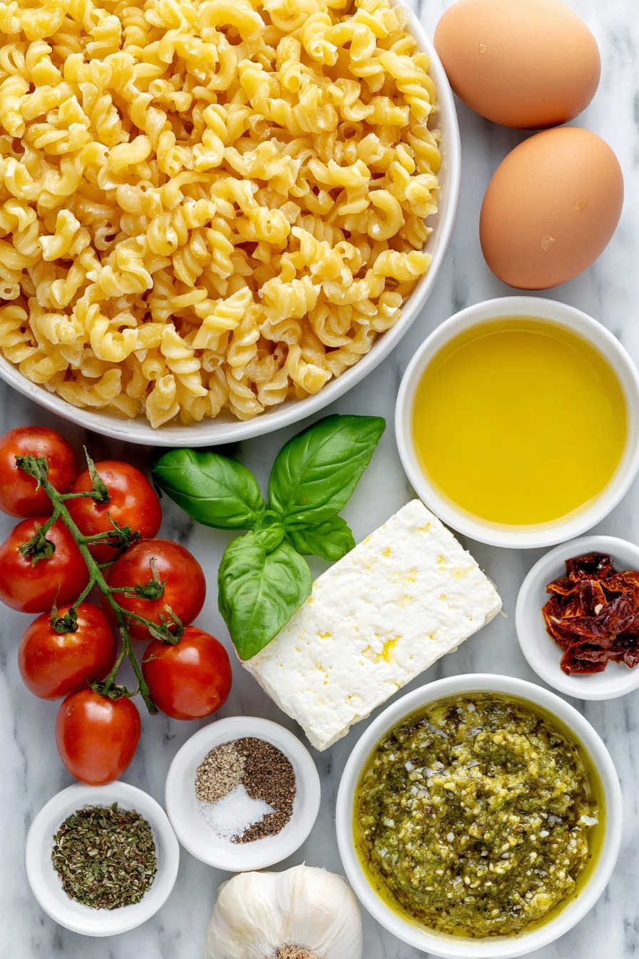 Flat lay of medium gemelli pasta, a cluster of ripe cherry tomatoes on the vine, a small pile of chopped sun-dried tomatoes glistening with oil, a rectangular block of creamy French sheep's milk feta cheese with visible brine, two uncracked brown eggs, fresh garlic cloves unpeeled, a handful of fresh basil leaves, a small white ceramic bowl of vibrant green basil pesto, a small white bowl of golden olive oil, and small white bowls holding dried oregano, dried parsley, dried thyme, red pepper flakes, salt, and black pepper—all arranged symmetrically with balanced spacing, placed on a clean white marble surface, soft natural light, photo taken with an iPhone, professional food photography style, fresh ingredients, white ceramic bowls, no bottles, no duplicates, no utensils, no packaging --ar 2:3 --v 7 --p m7354615311229779997