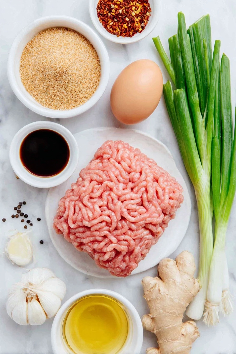Flat lay of a small pile of raw ground turkey, a small white ceramic bowl of whole wheat panko breadcrumbs, one whole brown egg with a clean shell, a small white ceramic bowl of low-sodium soy sauce, peeled fresh ginger root with a small pile of fresh grated ginger next to it, a single garlic bulb with several peeled garlic cloves, two fresh green onions sliced and whole green onions for garnish, a small white ceramic bowl of honey, a small white ceramic bowl of sesame oil, a few black peppercorns scattered neatly, and a small white ceramic bowl containing crushed red chili flakes, all arranged symmetrically on a clean white marble surface, soft natural light, photo taken with an iPhone, professional food photography style, fresh ingredients, white ceramic bowls, no bottles, no duplicates, no utensils, no packaging --ar 2:3 --v 7 --p m7354615311229779997