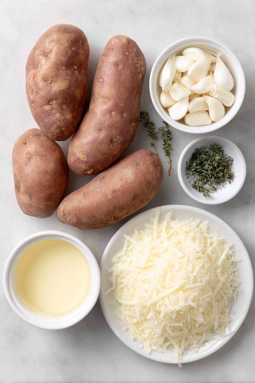Flat lay of fresh russet potatoes whole and halved, three peeled garlic cloves, a few small sprigs of fresh thyme, a small white ceramic bowl filled with melted butter, a small white ceramic bowl with heavy cream, a small white ceramic bowl containing coarse salt, another small white ceramic bowl with cracked black pepper, a simple heap of grated gruyere cheese on a white ceramic plate, all arranged in perfect symmetry placed on a clean white marble surface, soft natural light, photo taken with an iPhone, professional food photography style, fresh ingredients, white ceramic bowls, no bottles, no duplicates, no utensils, no packaging --ar 2:3 --v 7 --p m7354615311229779997