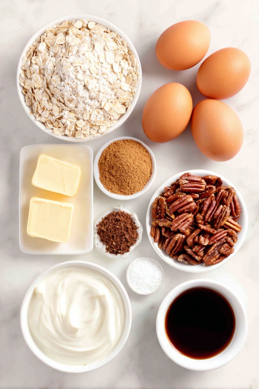 Flat lay of a few sprigs of rolled oats scattered beside a small mound of all-purpose flour, a small pile of light brown sugar, two square pats of unsalted butter, four whole brown eggs and one whole egg yolk with clean shells, a small white bowl of heavy cream, a small white bowl of whole milk, a small white bowl of granulated sugar, a small white bowl containing ground nutmeg, ground cinnamon, and ground cloves arranged distinctly, a small white bowl of vanilla bean paste, a small white bowl of finely chopped pecans, and a small white bowl with dark corn syrup, all neatly placed on a simple white ceramic surface, arranged with perfect symmetry, vibrant, fresh and natural, placed on a clean white marble surface, soft natural light, photo taken with an iPhone, professional food photography style, fresh ingredients, white ceramic bowls, no bottles, no duplicates, no utensils, no packaging --ar 2:3 --v 7 --p m7354615311229779997