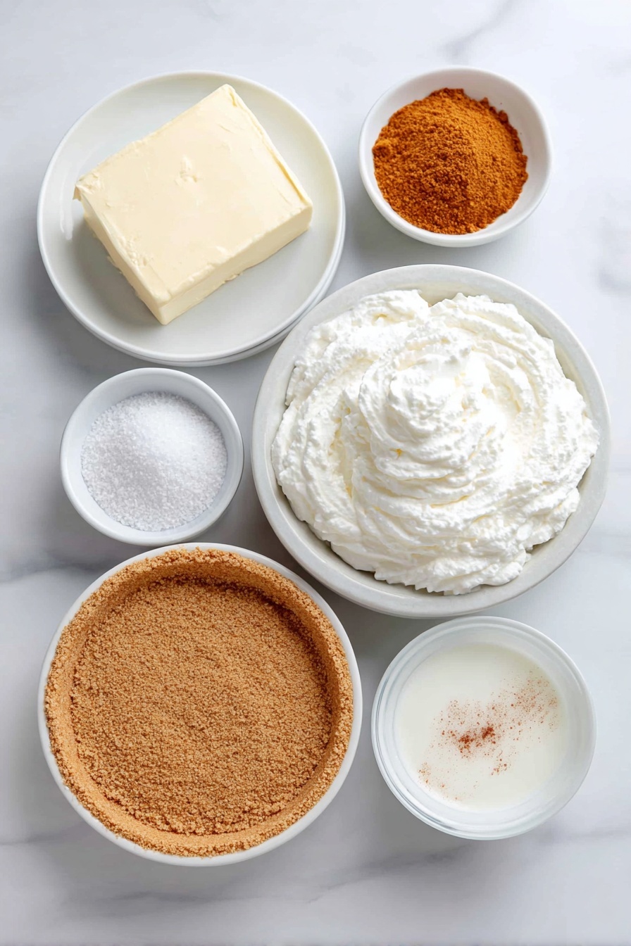 Flat lay of a small block of cream cheese softened on a simple white ceramic plate, a small white bowl filled with granulated sugar, a white bowl holding a fluffy swirl of whipped cream, a whole uncut graham cracker pie crust on a white ceramic dish, a small white bowl with fine instant vanilla pudding mix powder, a small white bowl containing smooth canned pumpkin puree, a small white bowl with ground pumpkin pie spice, a small white bowl of ground nutmeg, a small white bowl with ground cinnamon, and a small white bowl of milk, all arranged symmetrically and proportionately, placed on a clean white marble surface, soft natural light, photo taken with an iPhone, professional food photography style, fresh ingredients, white ceramic bowls, no bottles, no duplicates, no utensils, no packaging --ar 2:3 --v 7 --p m7354615311229779997