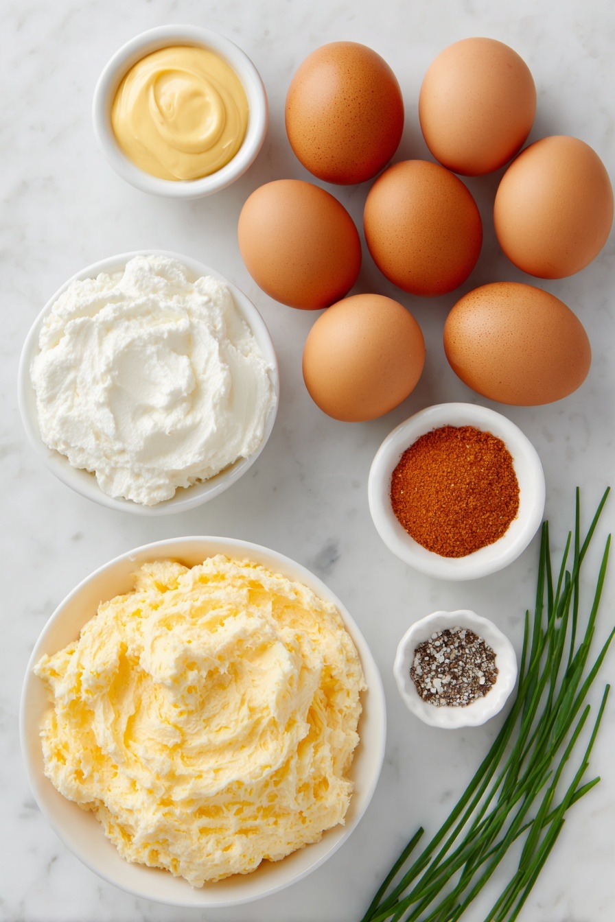 Flat lay of six whole uncracked brown eggs, a small mound of smooth mashed egg yolk in a white ceramic bowl, a small white bowl of creamy mayonnaise, a small white bowl of bright yellow dijon mustard, a small white bowl with fine black pepper, a small white bowl with vibrant red paprika powder, a few fresh green chive sprigs arranged neatly, all placed symmetrically on a clean white marble surface, soft natural light, photo taken with an iPhone, professional food photography style, fresh ingredients, white ceramic bowls, no bottles, no duplicates, no utensils, no packaging --ar 2:3 --v 7 --p m7354615311229779997