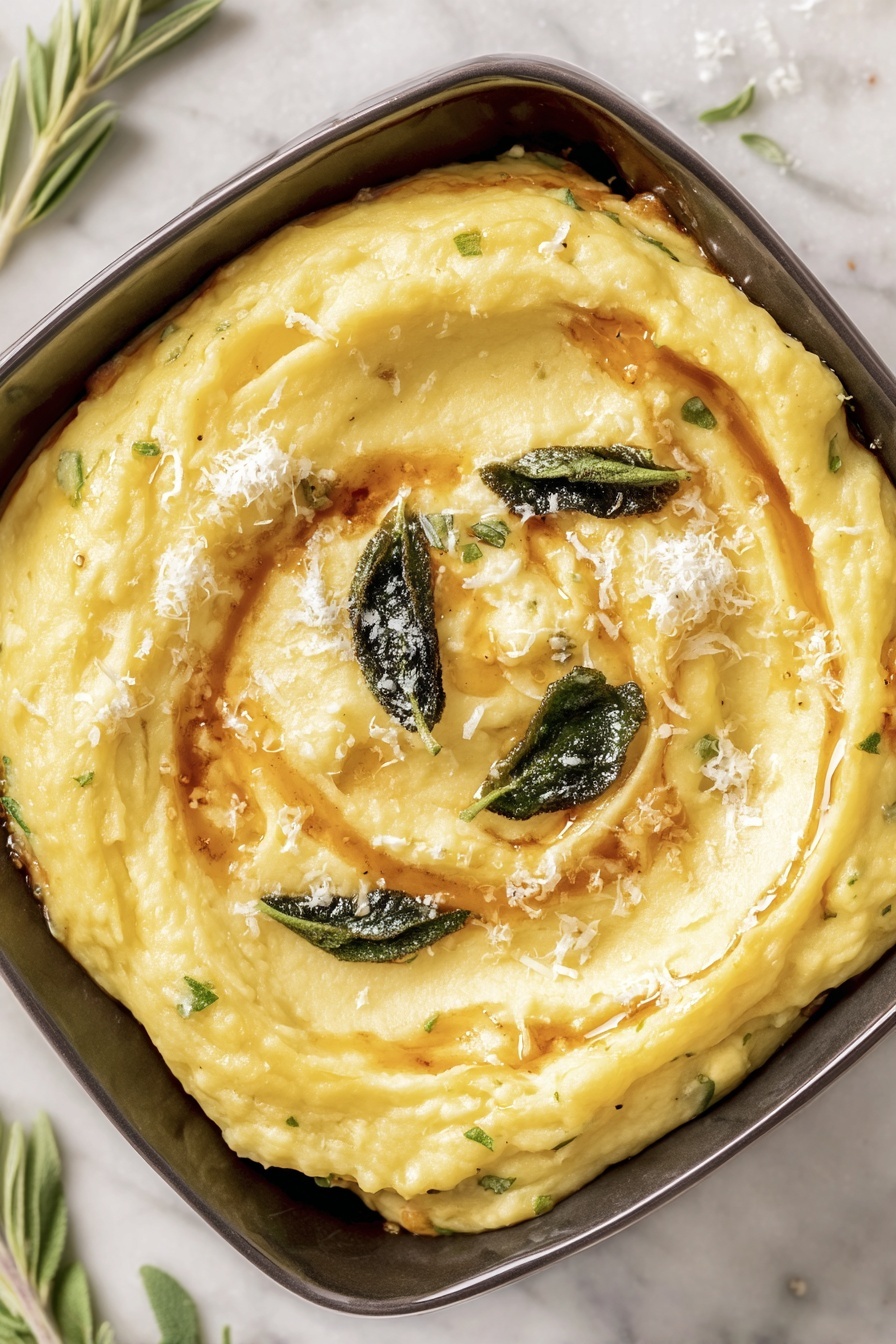 A creamy yellow mashed dish fills a white bowl, swirled smoothly to create soft waves that form a rounded spiral pattern. On top, there are several dark green crispy leaves scattered evenly, with a light dusting of finely grated white cheese over both the leaves and the mash. A warm brown sauce is drizzled in a loose spiral around the center, slightly soaking into the mash and adding contrast. The bowl sits on a white marbled surface, complemented by a subtle hint of fresh herbs visible near the edge. Photo taken with an iphone --ar 2:3 --v 7