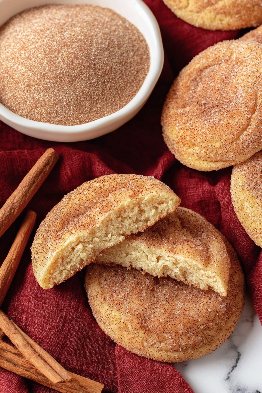 The image shows a close-up of a stack of four round cookies covered in a light layer of cinnamon sugar, with the top cookie having a bite taken out of it, revealing a soft inside with a slightly bumpy texture. Behind the stack, there are other similar cookies spread out on a red cloth, along with some cinnamon sticks next to a white ramekin filled with a mixture of cinnamon sugar topped by a cinnamon stick. The background surface is a white marbled texture. photo taken with an iphone --ar 2:3 --v 7