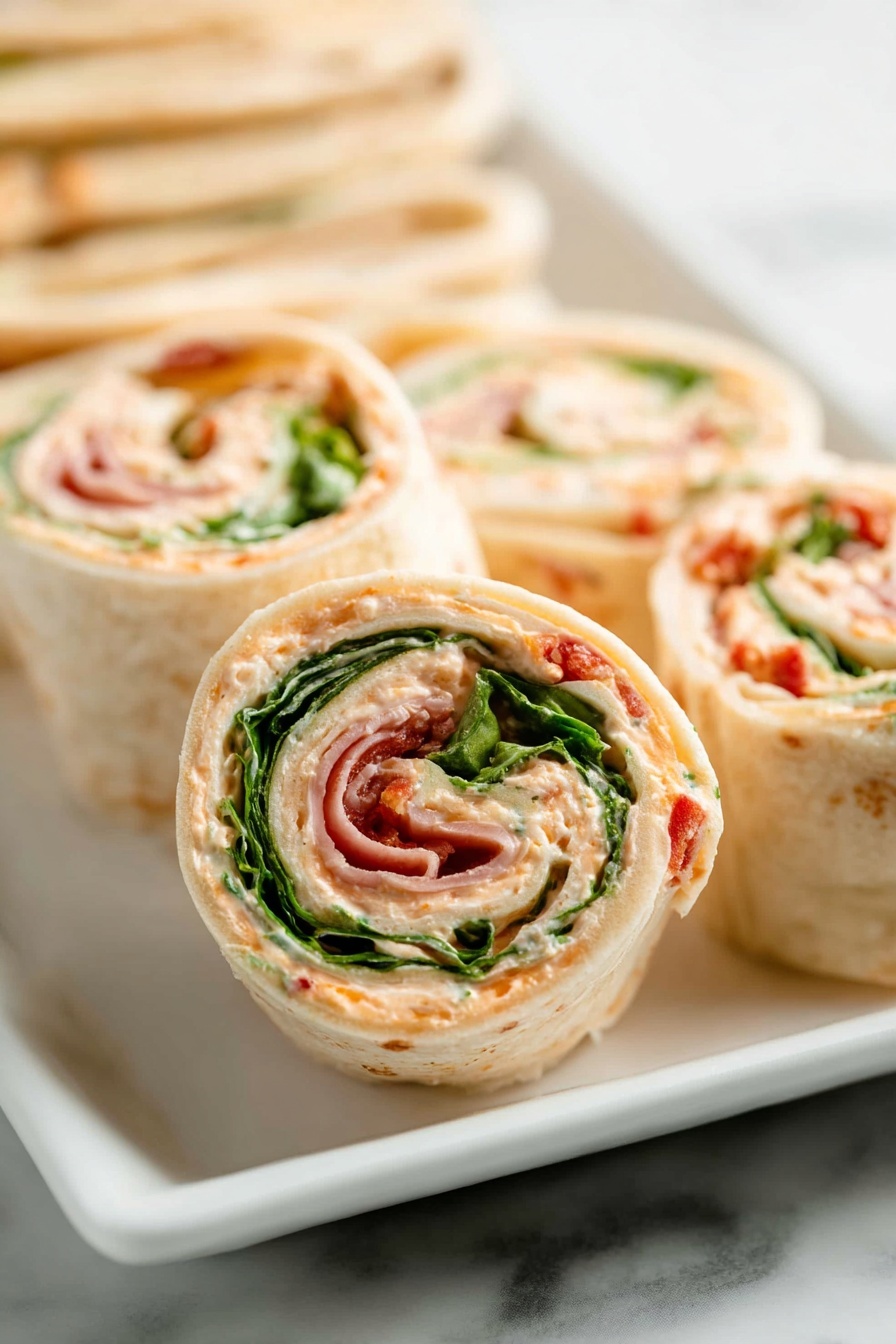 A close-up view of three small roll-up sandwiches on a white square plate, each with four visible layers: the outer layer is a soft, light beige flatbread rolled tightly; just inside is a creamy light orange spread with small red bits; then there is a bright green leafy layer adding fresh texture; and in the middle, there is a thin layer of a pinkish, slightly translucent meat. The rolls show a spiral pattern from the layers wrapped inside. The background is a white marbled surface with more stacked roll-ups blurred softly. Photo taken with an iphone --ar 2:3 --v 7
