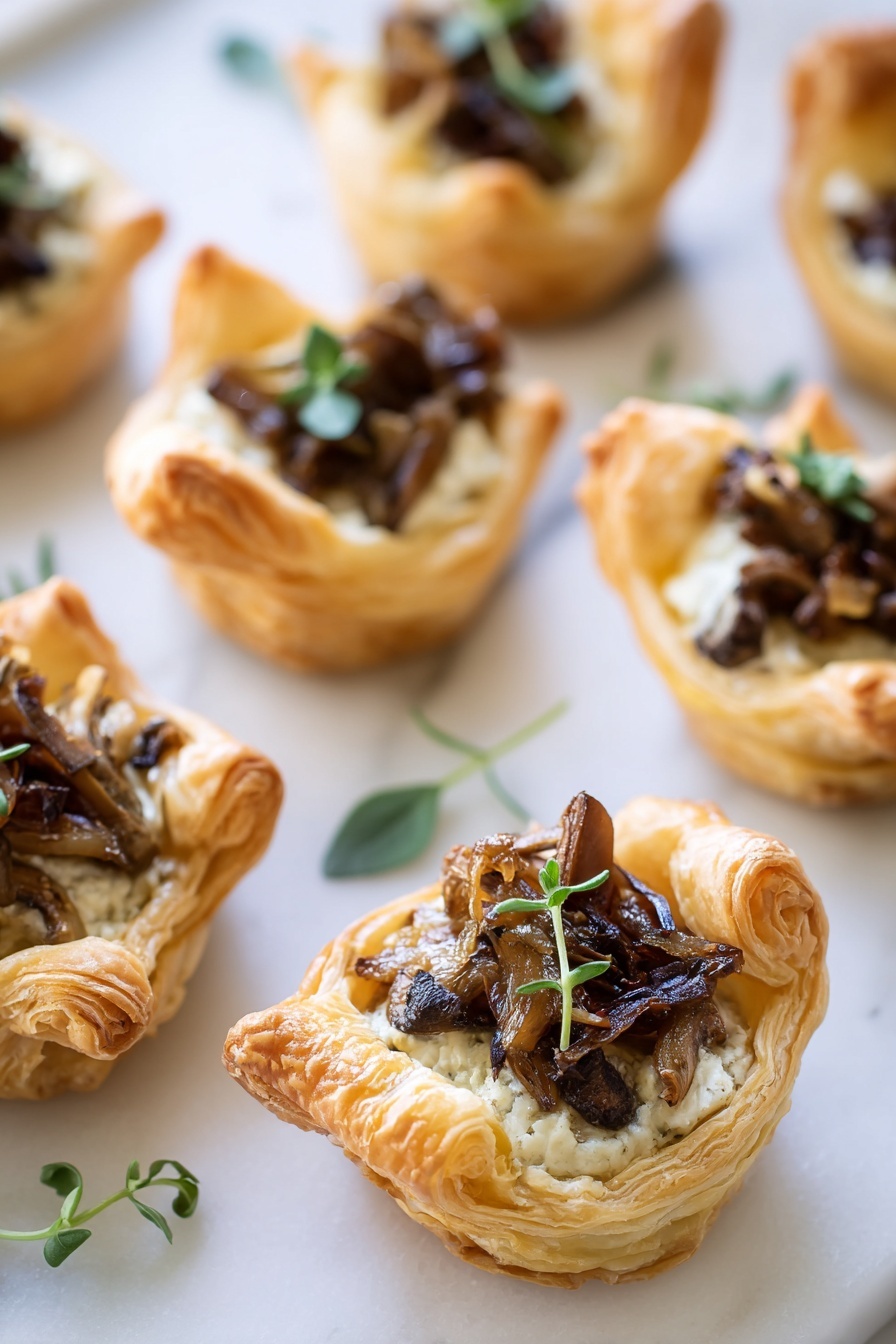 Several small puff pastry cups are arranged on a white marbled surface. Each pastry has a golden-brown, flaky crust forming the base and sides, curling slightly upward to hold the filling. The filling consists of a light creamy layer topped with small pieces of dark brown cooked mushrooms or caramelized onions, adding a contrast in texture and color. Tiny green herb leaves are placed on top of each, giving a fresh and delicate touch. The image is bright and clear, with soft natural light highlighting the textures and colors of the pastries. Photo taken with an iphone --ar 2:3 --v 7