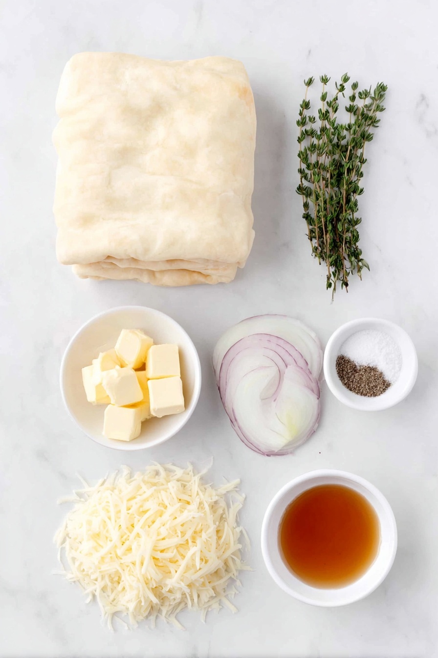 Flat lay of a sheet of thawed puff pastry with delicate layers visible, three medium sweet onions thinly sliced showing translucent rings, a small white bowl of golden salted butter cubes, a small white bowl with fine white sugar granules, a small white bowl of ground black pepper, a small white bowl holding amber-colored dry sherry, a heap of shredded pale yellow gruyere cheese, and fresh green thyme sprigs neatly arranged, all placed on a clean white marble surface, soft natural light, photo taken with an iPhone, professional food photography style, fresh ingredients, white ceramic bowls, no bottles, no duplicates, no utensils, no packaging --ar 2:3 --v 7 --p m7354615311229779997