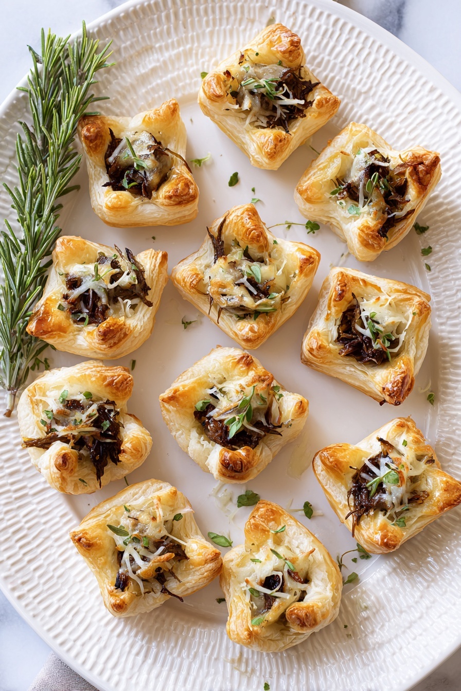 The image shows about fifteen small square puff pastries arranged on a large white plate with a textured rim. Each pastry has a golden-brown flaky crust forming a shallow cup shape, holding a filling of small dark brown pieces mixed with thin strands of melted white cheese. Small green herb sprigs are scattered on top of the fillings, adding a fresh contrast. A small sprig of fresh rosemary lies on the left side of the plate as decoration. The plate sits on a white marbled surface that adds a clean and bright background. photo taken with an iphone --ar 2:3 --v 7