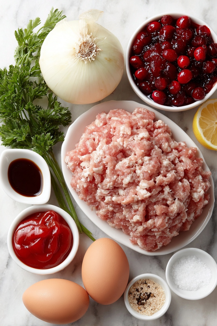 Flat lay of a small whole onion with light papery skin, a pile of fresh ground pork shaped loosely on a white ceramic plate, a small white bowl filled with fluffy panko breadcrumbs, two large brown eggs with clean shells, a small white bowl of bright red ketchup, a small white bowl of dark Worcestershire sauce, a small bunch of fresh curly parsley with vibrant green leaves, a small white bowl containing coarse salt, a small white bowl of freshly ground black pepper, a small white bowl overflowing with whole berry cranberry sauce, a small white bowl of packed light brown sugar, and a small white bowl with a freshly squeezed lemon wedge beside it, all arranged with perfect symmetry and balanced proportions, placed on a clean white marble surface, soft natural light, photo taken with an iPhone, professional food photography style, fresh ingredients, white ceramic bowls, no bottles, no duplicates, no utensils, no packaging --ar 2:3 --v 7 --p m7354615311229779997