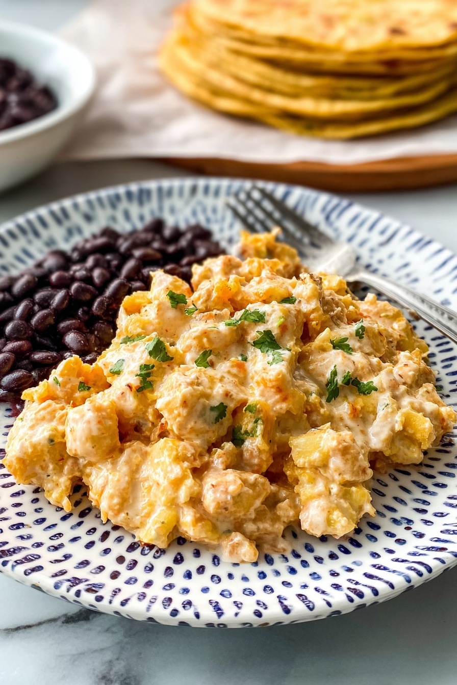 This image shows a white plate with a pattern of small blue dots around the edge. The plate is filled with a creamy dish made of soft, chunky pieces that are light orange-yellow in color mixed with white creamy sauce and small green herbs scattered on top. On one side of the plate, there is a small pile of black beans. In the background, several flat, golden brown tortillas are stacked on a piece of parchment paper. The whole setting is on a white marbled surface, and a silver fork rests on the plate near the beans. Photo taken with an iphone --ar 2:3 --v 7