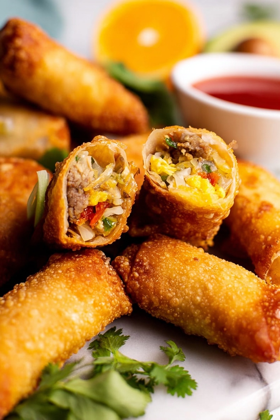 The image shows a pile of crispy golden brown egg rolls with a crunchy texture. Two egg rolls are cut open, revealing their filling; one has a mix of light brown meat, white cabbage, and yellow egg inside, while the other has a colorful filling with bits of green, red, and yellow vegetables along with some meat. The egg rolls are placed on a white marbled surface with green cilantro leaves scattered around for garnish. There is a small white bowl of red dipping sauce on the side and a wedge of bright orange fruit is visible in the background. photo taken with an iphone --ar 2:3 --v 7