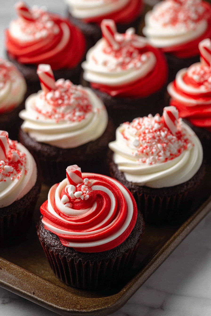 The image shows several cupcakes with two layers of swirled frosting, one layer is bright red and the other is white, coiled on top of each cupcake. Each cupcake is decorated with small red and white candy pieces sprinkled over the frosting and topped with small red and white striped candy canes placed vertically near the side. The cupcakes are placed closely together on a dark surface with visible glossy highlights, creating a festive look. photo taken with an iphone --ar 2:3 --v 7