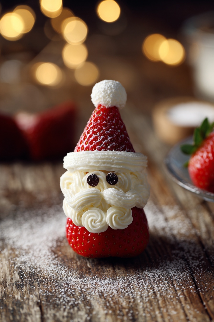 The image shows a small strawberry Santa made with three layers: a bottom layer of a whole strawberry standing upright, a middle layer of white cream piped in swirls forming a beard and face, and a top layer of a strawberry tip acting as a hat with a small dollop of white cream on top as the hat's pom-pom. Two small dark chocolate chips are placed in the cream to make eyes. The strawberry Santa is set on a rustic wooden surface with powdered sugar softly spread nearby and blurred warm lights in the background. Photo taken with an iphone --ar 2:3 --v 7
