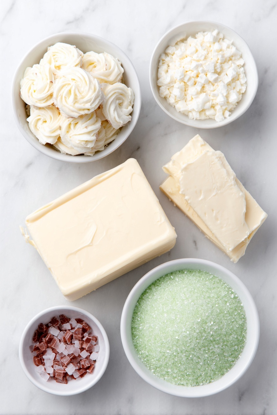 Flat lay of two fresh green Christmas tree cakes with white and red frosting, a block of smooth cream cheese, a large piece of white almond bark, bright red candy melts in a small white ceramic bowl, and a white ceramic bowl filled with sparkling green sanding sugar, all arranged symmetrically in balanced proportions on a clean white marble surface, soft natural light, photo taken with an iPhone, professional food photography style, fresh ingredients, white ceramic bowls, no bottles, no duplicates, no utensils, no packaging --ar 2:3 --v 7 --p m7354615311229779997