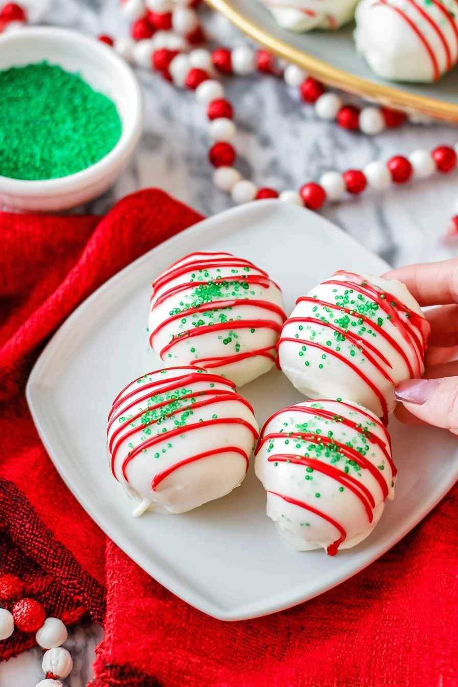The image shows four round cookies on a white plate, each covered in smooth white icing. They have red icing stripes drizzled diagonally on top, with small green sugar sprinkles scattered over the white icing. The plate sits on a white marbled surface with a red cloth beneath it. Around the plate are pieces of a white and red wooden bead garland, and a white bowl filled with green sprinkles is nearby. The background and surface have a clean, bright feel with festive red and green colors. photo taken with an iphone --ar 2:3 --v 7