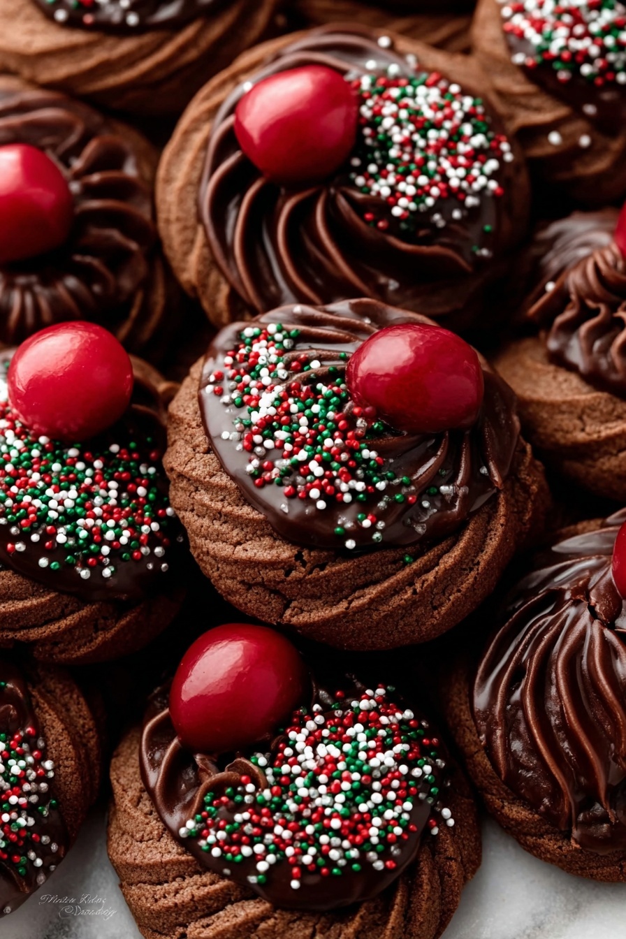 The image shows many swirled chocolate cookies arranged close together with a rich, dark brown texture. Each cookie has a thick spiral pattern with some dipped halfway in smooth, shiny dark chocolate on their top, decorated with small round sprinkles in red, white, and green colors. Among the cookies, a few bright red glossy cherries sit on top, adding color contrast. The cookies are placed on a white marbled surface. photo taken with an iphone --ar 2:3 --v 7
