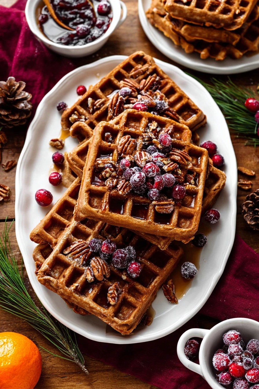 A white oval plate holds a stack of dark brown waffles arranged in two layers with a slightly rough texture. The waffles have deep square pockets filled with dark syrup and are topped with scattered toasted pecan halves that add a shiny, rich brown touch. Small clusters of frosted red cranberries sit on and around the waffles, adding bright pops of red and white near the edges. To the side, there is a small white bowl filled with more syrup and pecans and another small white dish containing more frosted cranberries. The scene is set on a wooden table with an orange fruit and green leaves visible at the bottom left and dark red cloth and green pine sprigs with red berries near the bottom right corner. Photo taken with an iphone --ar 2:3 --v 7