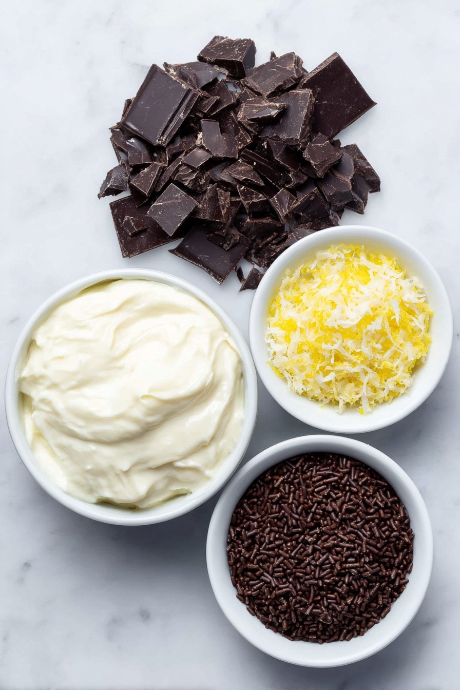 Flat lay of a small white ceramic bowl filled with thickened cream, a neat pile of finely chopped dark cooking chocolate pieces, a small white ceramic bowl containing finely grated fresh orange zest, and a small white ceramic bowl filled with glossy dark chocolate sprinkles, all arranged in perfect symmetry, placed on a clean white marble surface, soft natural light, photo taken with an iPhone, professional food photography style, fresh ingredients, white ceramic bowls, no bottles, no duplicates, no utensils, no packaging --ar 2:3 --v 7 --p m7354615311229779997