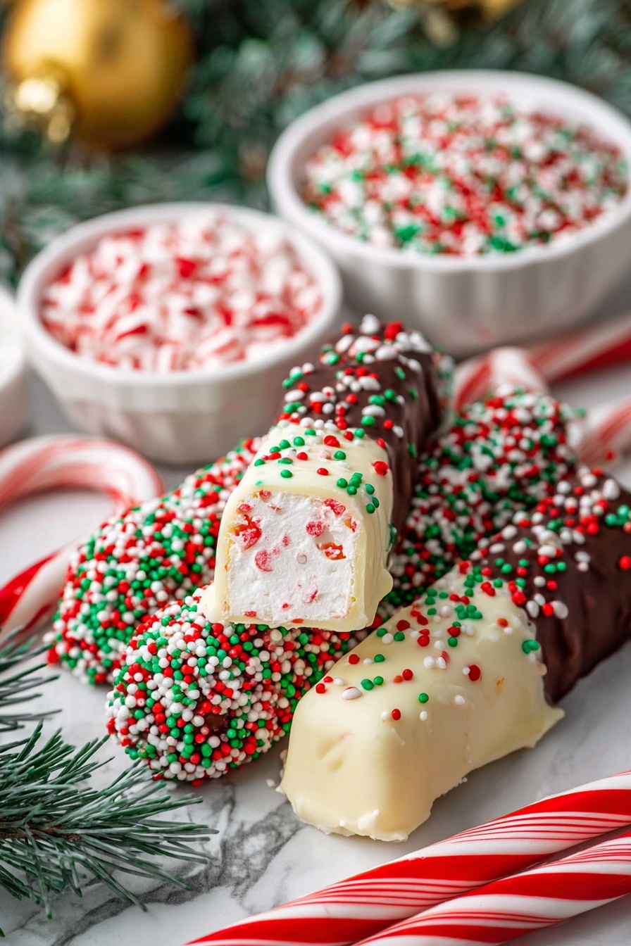 A close-up of a festive treat held by a woman's hand, showing one layer of white coating covered with small round sprinkles in red, green, and white. The treat is shaped like a long cylinder on a red and white striped candy cane stick that the woman's hand holds at the bottom. Behind the treat is a white plate with several other similar treats, including some coated in dark chocolate with white and red sprinkles and others with swirled red and yellow coatings. The background surface has a white marbled texture with some holiday decorations barely visible in soft focus. Photo taken with an iphone --ar 2:3 --v 7