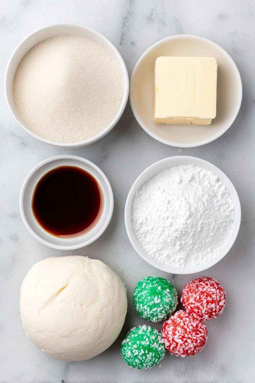 Flat lay of a small white ceramic bowl filled with granulated sugar, a wedge of creamy room-temperature cream cheese, a chunk of unsalted butter, a small white bowl containing clear light corn syrup, a tiny white bowl with peppermint extract, three separate dough balls in red, green, and white colors placed evenly apart, a small white bowl holding powdered sugar, all arranged in perfect symmetry, placed on a clean white marble surface, soft natural light, photo taken with an iPhone, professional food photography style, fresh ingredients, white ceramic bowls, no bottles, no duplicates, no utensils, no packaging --ar 2:3 --v 7 --p m7354615311229779997