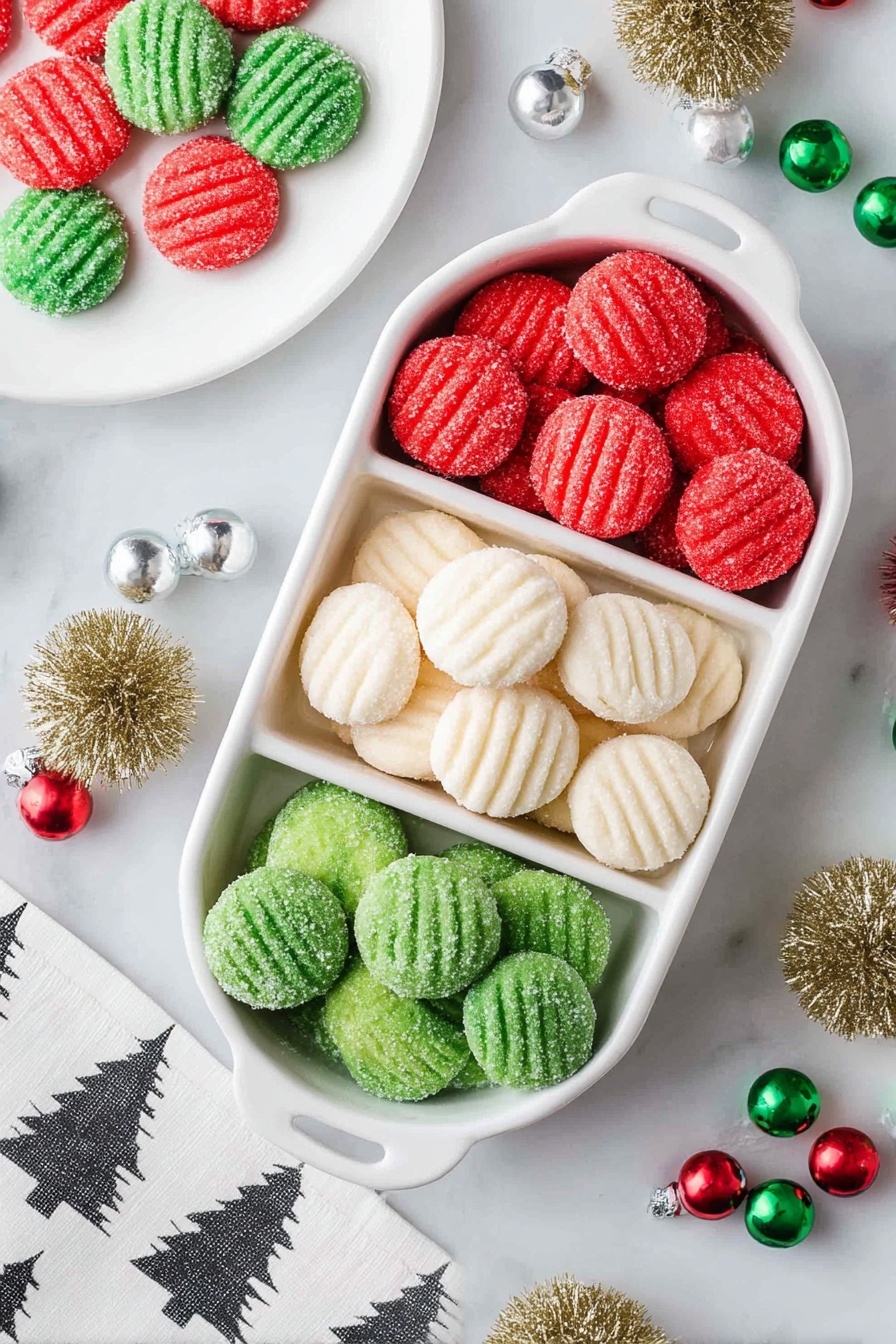 A white divided dish holds three sections of round, sugar-coated cookies, each with fork-pressed lines on top; the top section has bright red cookies, the middle has white cookies, and the bottom has green cookies, all with a slightly rough sugar texture. Around the dish on a white marbled surface are scattered red, green, and white small jingle bells along with a second white round plate holding green and red cookies. Also, there are decorative glittery pom-poms in gold, silver, white, and green colors placed nearby, and a white cloth with black tree prints is partly visible in the bottom left corner. Photo taken with an iphone --ar 2:3 --v 7