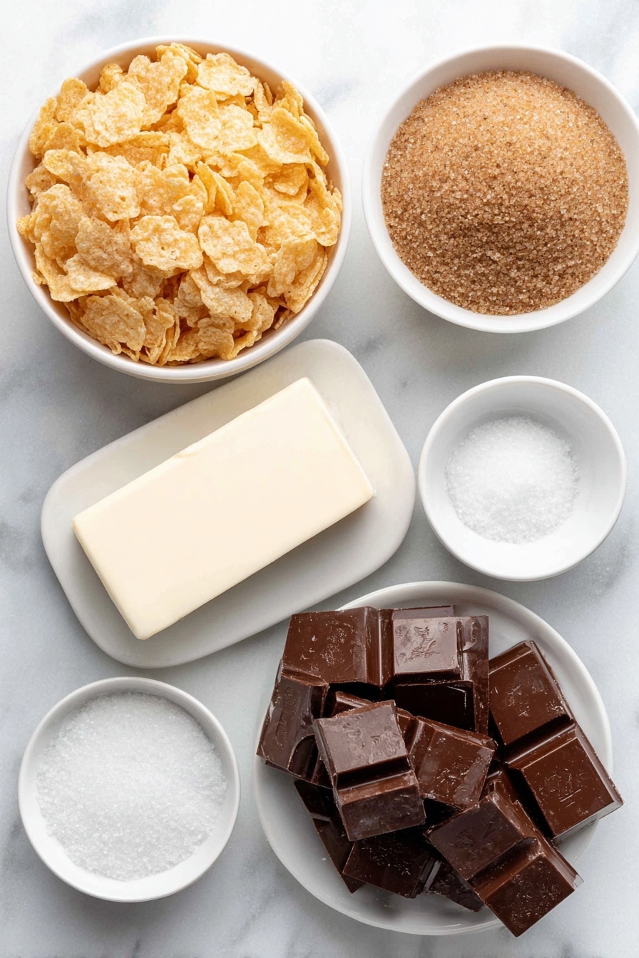 Flat lay of a small pile of golden cornflake cereal, a stick of unsalted butter with a smooth surface, a small white bowl filled with packed brown sugar, a small white bowl holding clear vanilla extract, a small white bowl containing fine salt crystals, a handful of semisweet chocolate chunks with a glossy texture, all arranged with perfect symmetry on a simple white ceramic plate and bowls, placed on a clean white marble surface, soft natural light, photo taken with an iPhone, professional food photography style, fresh ingredients, white ceramic bowls, no bottles, no duplicates, no utensils, no packaging --ar 2:3 --v 7 --p m7354615311229779997