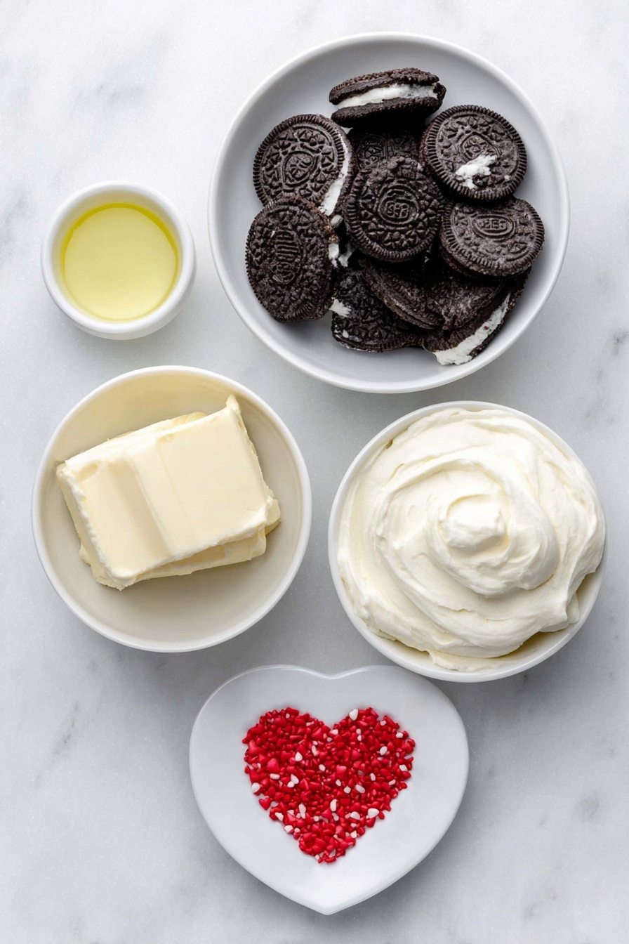 Flat lay of crushed black and white Oreo cookies in a simple white ceramic bowl, a dollop of smooth white whipped cream cheese spread on a small white ceramic dish, a small white bowl filled with melted creamy vanilla almond bark, a small white bowl holding vibrant green gel food coloring, and a neat pile of shiny red heart-shaped sprinkles placed on a simple white ceramic plate, all arranged with perfect symmetry, fresh natural appearance, placed on a clean white marble surface, soft natural light, photo taken with an iPhone, professional food photography style, fresh ingredients, white ceramic bowls, no bottles, no duplicates, no utensils, no packaging --ar 2:3 --v 7 --p m7354615311229779997