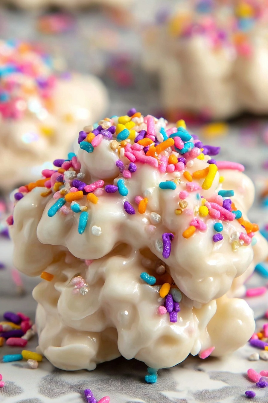 The image shows a close-up of a single white cluster treat made from small round pieces covered in a thick, creamy white coating. The top is decorated with many small, colorful sprinkles in colors like pink, purple, red, yellow, blue, and green. The treat sits on a textured white marbled surface with blurred parts of other similar treats and sprinkles seen in the background. The shape is irregular and puffy, with the white coating creating smooth peaks and curves over the pieces. photo taken with an iphone --ar 2:3 --v 7