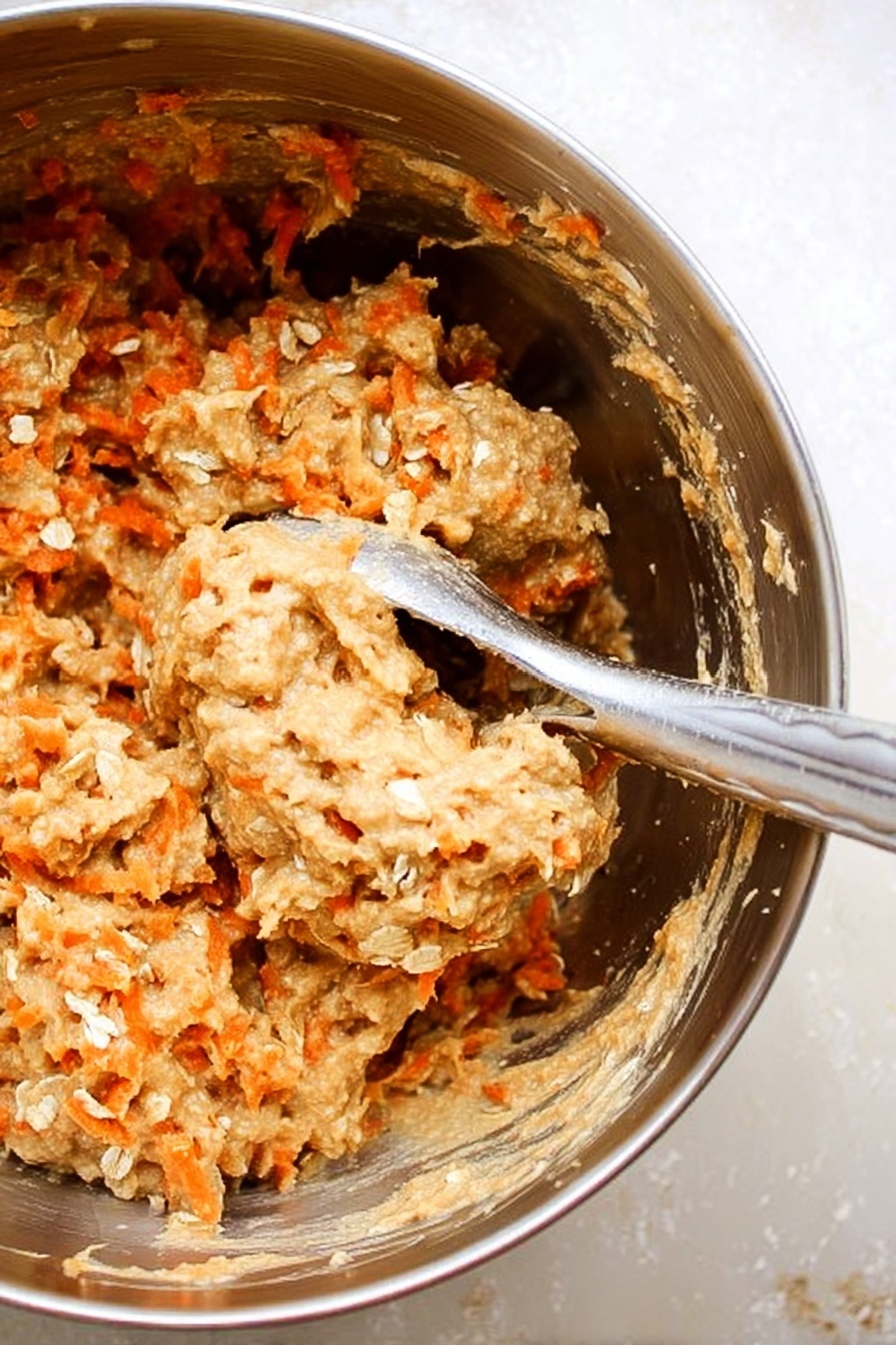 The image shows a close-up of a soft cookie topped with a thick layer of smooth white icing, sprinkled with small pieces of chopped nuts. The cookie has a coarse, textured surface with visible bits of orange and brown, indicating ingredients like carrot or spices. One cookie in the front has a bite taken out of it, revealing a moist and crumbly inside with the same orange and brown flecks. The cookies are placed on a white plate with a white marbled surface beneath. The photo is detailed and focused on the front cookie, giving a warm and inviting feel. photo taken with an iphone --ar 2:3 --v 7
