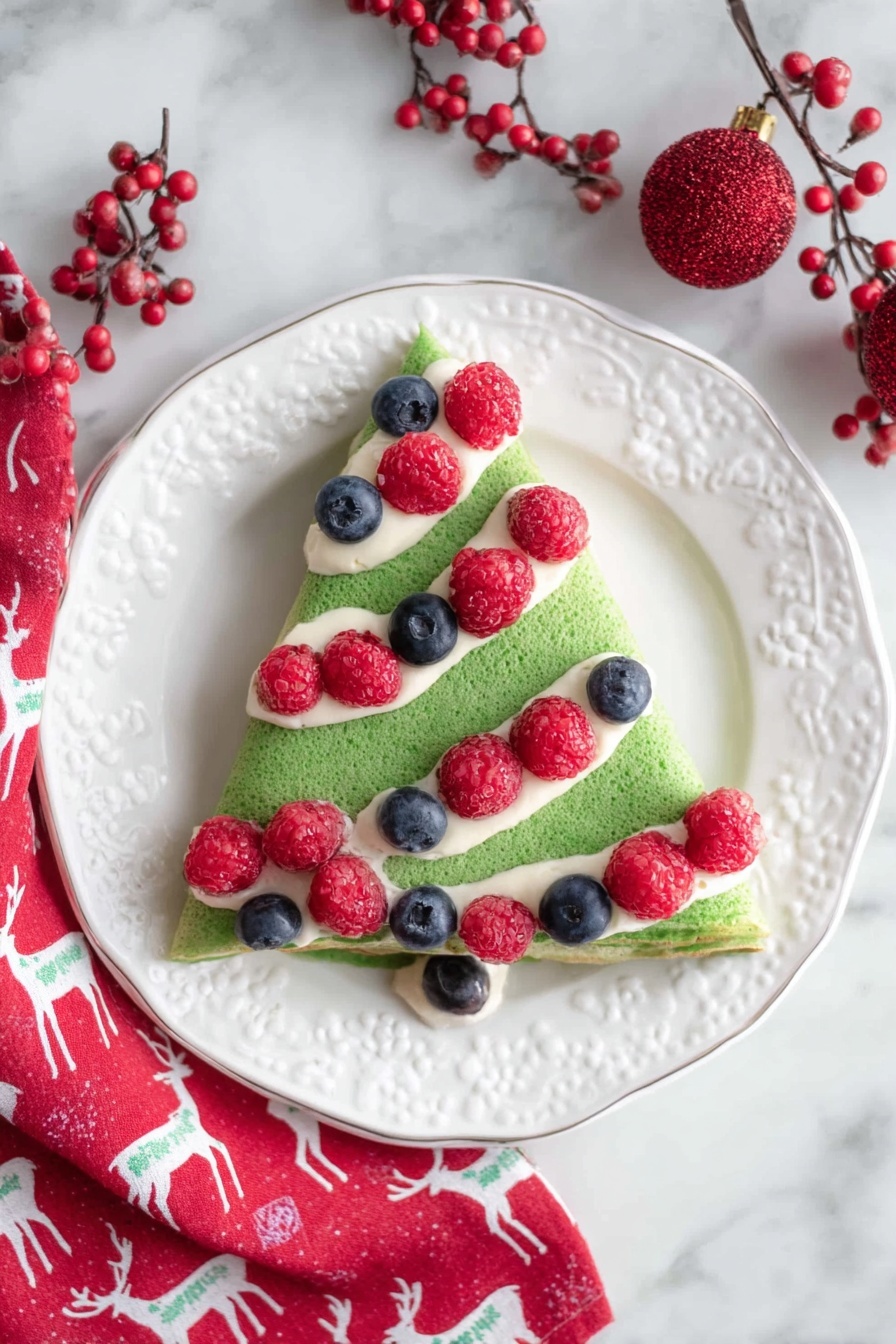 A white plate with a decorative rim holds three green triangle-shaped crepes stacked slightly apart to form a Christmas tree shape. Between each crepe layer is a white creamy filling, visible at the edges. Red raspberries and blue blueberries are placed on top of the crepes in a zigzag pattern, mimicking tree garlands. The plate is set on a white marbled surface, with two red berry decorations and a red and white cloth with Christmas tree and deer patterns nearby. Photo taken with an iphone --ar 2:3 --v 7