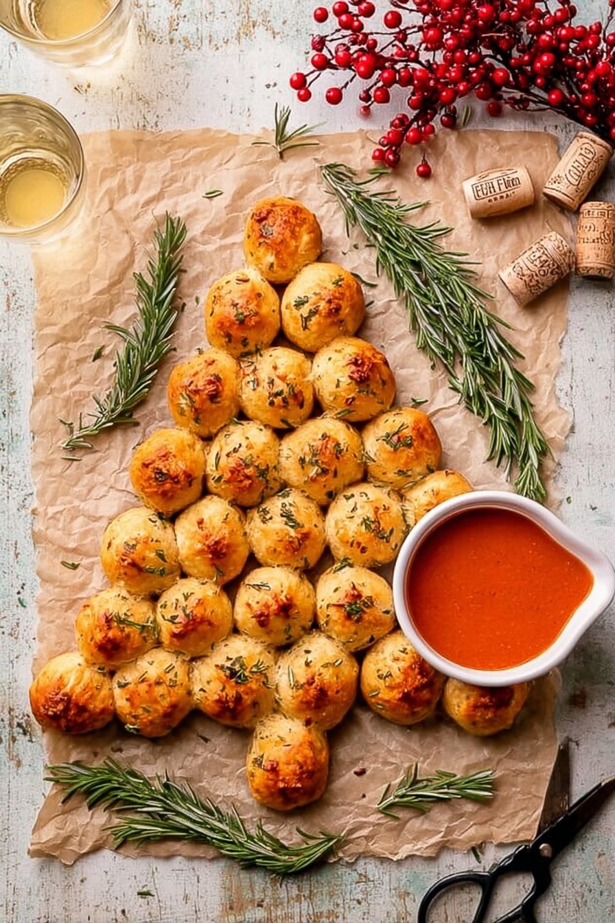 The image shows a Christmas tree shape made from 28 small round golden-brown baked bread balls arranged in a triangle on crumpled parchment paper. The bread balls are shiny and sprinkled with herbs, giving a textured look. The tree shape has six rows—one ball at the top, increasing by one with each lower row, and six balls on the bottom row. Around the tree, there are fresh green rosemary sprigs scattered. At the bottom right corner, there is a white measuring cup filled with a smooth red-orange dipping sauce. In the background, there is a white marbled surface with two glasses of light yellow drink placed to the top right, wine corks, a pair of black scissors, and some red berries adding a rustic feel. photo taken with an iphone --ar 2:3 --v 7