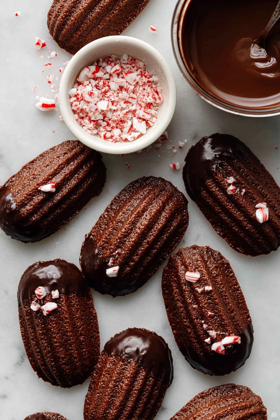 Several oval-shaped chocolate madeleines rest on a white marbled surface. Each madeleine has ridges running lengthwise and a firm, dark brown texture. Some madeleines are dipped halfway in glossy dark chocolate, covering one flat side, with small white and red crushed peppermint pieces sprinkled on top. Near the treats, there is a white bowl filled with crushed peppermint and a glass container holding smooth, rich chocolate sauce. photo taken with an iphone --ar 2:3 --v 7