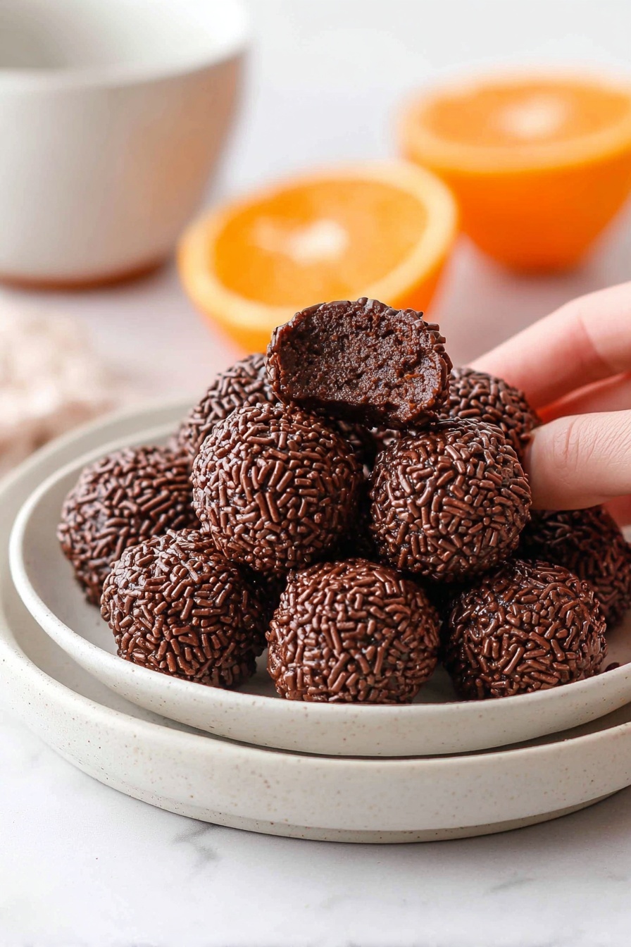 A round white plate is filled with about twenty small dark chocolate balls covered evenly with chocolate sprinkles. Around the edge of the plate, there are seven bright orange slices placed in a circular pattern, each slice showing the juicy texture of the fruit. The plate sits on a white marbled surface. photo taken with an iphone --ar 2:3 --v 7