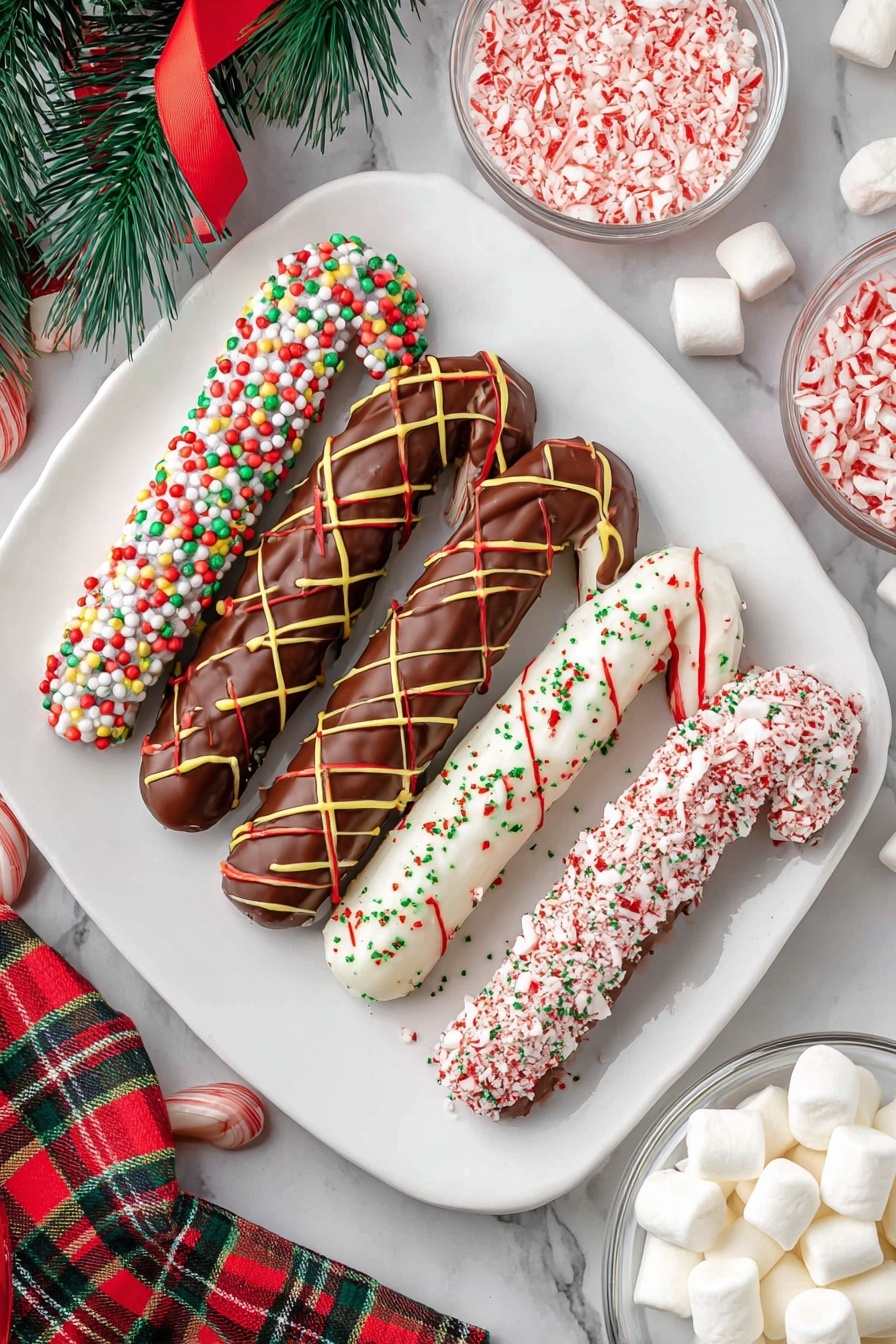 Five candy canes are each covered with a thick layer of chocolate or icing, arranged in a row on a white plate against a white marbled surface. The first candy cane is coated in milk chocolate with small red, white, and green round sprinkles. The second candy cane has a milk chocolate layer decorated with red and yellow icing lines crisscrossing. The third candy cane is covered in white icing with red and green round sprinkles. The fourth candy cane has a milk chocolate coating topped with small pieces of crushed white peppermint candy. The fifth candy cane is covered in white icing with red and yellow icing lines in a crisscross pattern. To the right, a glass bowl holds white marshmallows, and there are extra plain candy canes and bowls of red, green, and white round sprinkles in the background. Some green Christmas tree branches and a red ribbon are partly visible on the upper left corner, and a red, green, and white plaid cloth lies below the white plate. photo taken with an iphone --ar 2:3 --v 7