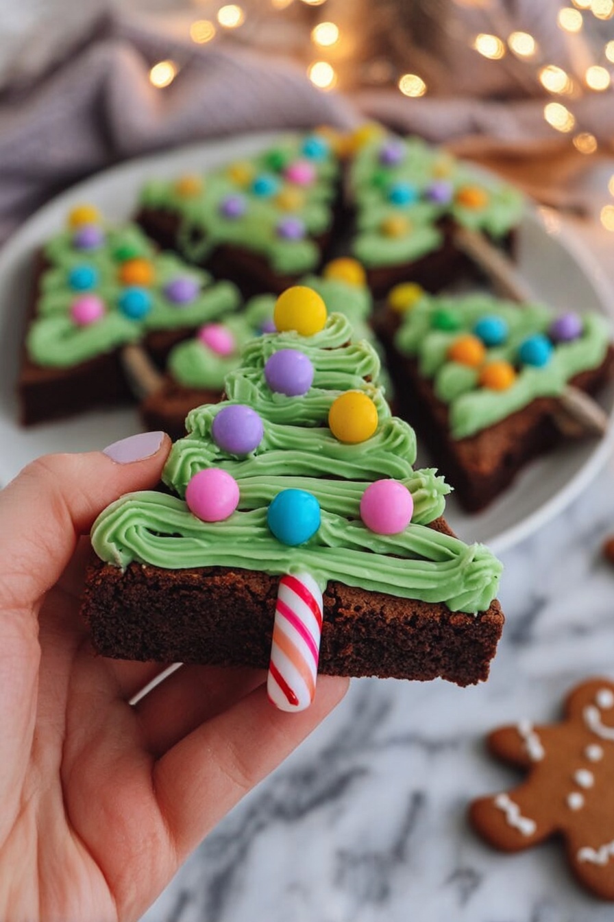 The image shows a triangle-shaped chocolate brownie designed like a Christmas tree. The bottom layer is dark brown brownie with a rough texture. On top, there is a thick layer of green frosting piped in swirled lines resembling tree branches. Small round candy balls in bright colors like blue, pink, orange, purple, and yellow are placed on the frosting like ornaments. A yellow candy ball is at the tip of the triangle. A striped candy stick is inserted horizontally at the bottom, looking like the tree trunk. A woman's hand holds one brownie in the foreground, with more brownies visible on a white plate and white marbled surface in the background. Gingerbread cookies and festive lights are faintly visible in the blurry background. photo taken with an iphone --ar 2:3 --v 7