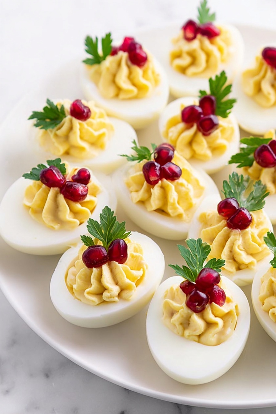 A white plate holds ten deviled egg halves arranged in a loose circular pattern on a white marbled surface. Each egg half shows a smooth, bright white egg white base filled with a creamy, pale yellow yolk mixture swirled with a textured, piped design. On top of each filling, there are three glossy deep red pomegranate seeds and a small fresh green parsley leaf, adding a pop of color and freshness. The lighting is bright, making the yellows, reds, and greens stand out against the clean white plate and background. photo taken with an iphone --ar 2:3 --v 7