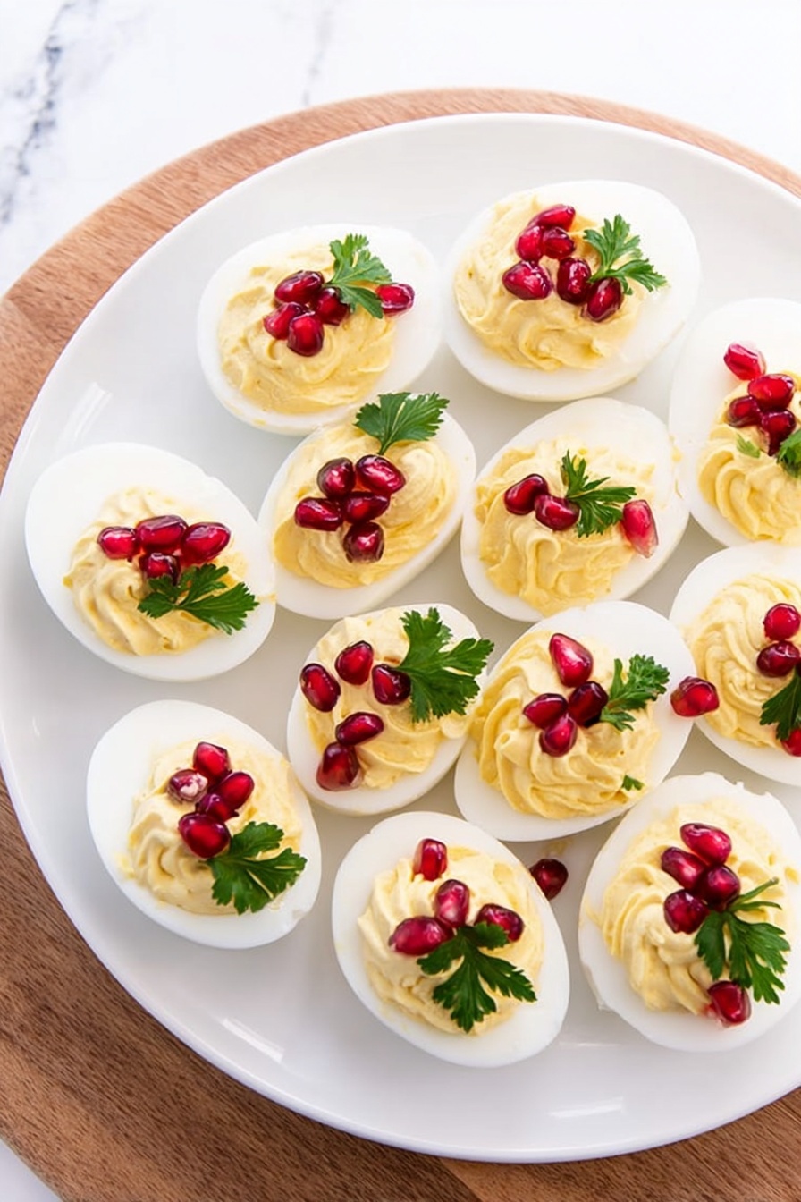 A white plate holds ten halves of stuffed eggs arranged loosely. Each egg is sliced in half showing a smooth, white outer layer, with a creamy pale yellow filling piped in a swirl inside the egg white. The tops of the filling are decorated with bright red pomegranate seeds and a small fresh green leaf garnish, placed at one side of the filling on each egg half. The plate is set on a round wooden surface, and the background is a white marbled texture. Photo taken with an iphone --ar 2:3 --v 7