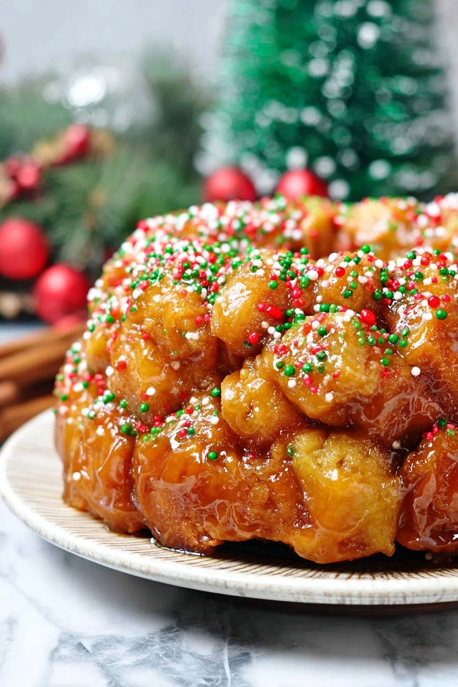 A close-up view of a shiny golden-brown monkey bread loaf covered with red, green, and white sprinkles scattered on all sides and the surface it's placed on. The bread looks sticky and textured with rounded pieces tightly packed together, sitting on a white plate against a white marbled surface with blurred holiday decorations in the background. photo taken with an iphone --ar 2:3 --v 7