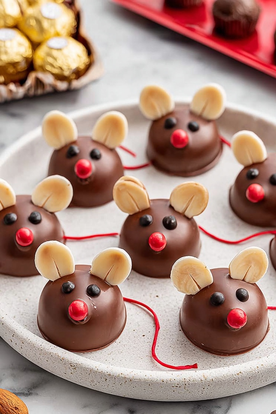 A round white plate with a rough edge holds ten chocolate mouse-shaped treats. Each treat has two parts stacked: a larger round chocolate body and a smaller chocolate head in front. The heads have two almond slices for ears and two small black dots for eyes. A small red round candy forms the nose on each mouse, and a thin red string sticks out from the back, resembling a tail. The plate sits on a white marbled surface, with part of a gold-wrapped chocolate and a red candy tray visible in the background. photo taken with an iphone --ar 2:3 --v 7