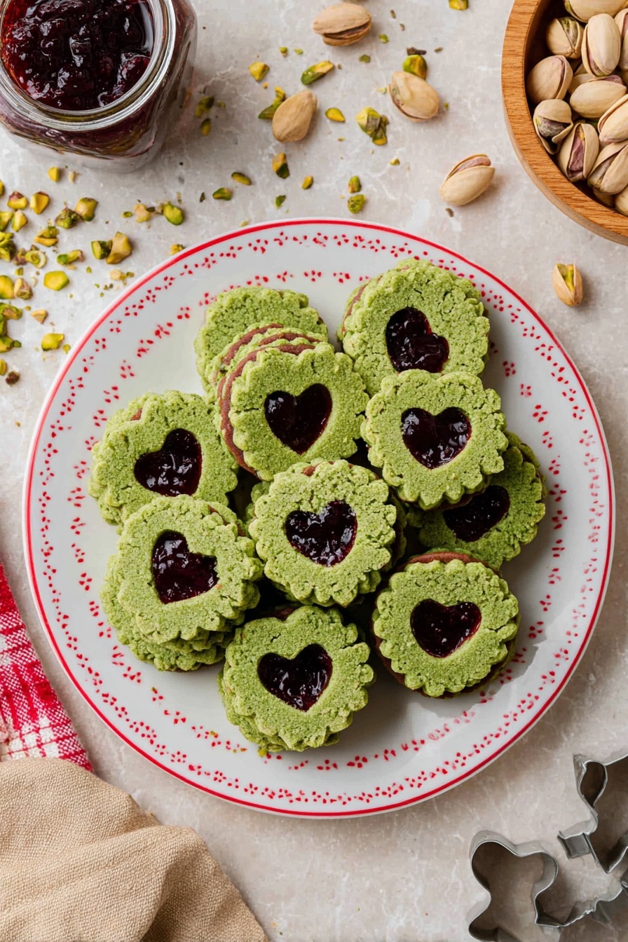 A white plate with a red dotted rim holds many green sandwich cookies stacked on each other. Each cookie has two layers: a textured bright green biscuit layer on top and bottom, with the top biscuit featuring a heart-shaped cutout showing dark reddish-purple jam in the middle. Some cookies have chopped pistachio nuts sprinkled on top and around them on the plate. Around the plate, there are scattered crushed pistachio nuts and two metal cookie cutters near the bottom right corner. To the left, a small glass jar with dark jam rests on a red and white checkered cloth. A wooden bowl filled with pistachios appears on the right side. The surface is a white marbled texture with a beige fabric partially visible at the bottom left. photo taken with an iphone --ar 2:3 --v 7