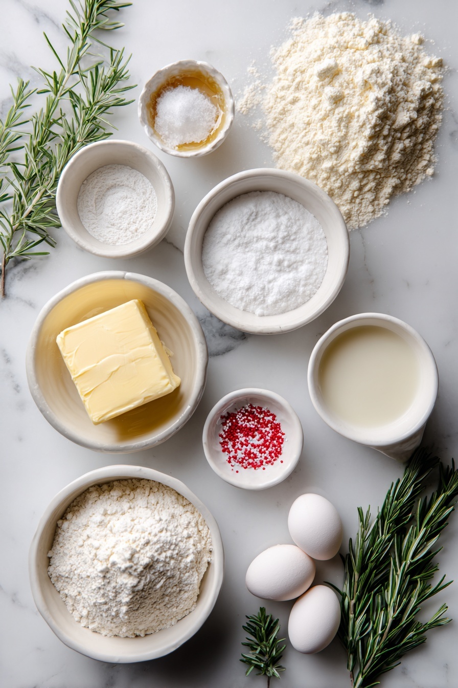 Flat lay of a small block of unsalted butter, a small white ceramic bowl filled with powdered sugar, a small white ceramic bowl holding vanilla bean paste, a few grains of salt scattered near a small pinch of fine salt, a mound of all-purpose flour, a small white ceramic bowl containing cornstarch, another small white ceramic bowl with smooth white powdered sugar, a small white ceramic bowl with creamy milk, a small white ceramic bowl with vanilla extract, a few fresh rosemary sprigs with bright green needles, a small pile of red sprinkles, a small heap of sparkling sanding sugar crystals, and a small cluster of smooth, whole white eggshells, all arranged with perfect symmetry placed on a clean white marble surface, soft natural light, photo taken with an iPhone, professional food photography style, fresh ingredients, white ceramic bowls, no bottles, no duplicates, no utensils, no packaging --ar 2:3 --v 7 --p m7354615311229779997